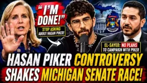 Debbie Dingell, Hasan Piker, and Abdul El-Sayed featured in a dramatic political news thumbnail about the Hasan Piker controversy and Michigan Senate race.