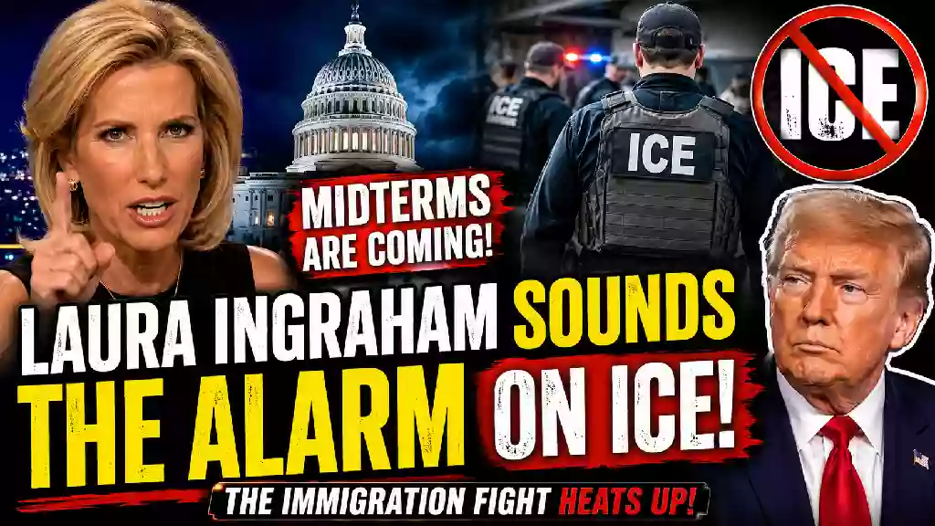 Laura Ingraham warns about the growing ICE and immigration enforcement battle ahead of the U.S. midterm elections, with the U.S. Capitol, ICE agents, a no-ICE symbol, and Donald Trump shown in a dramatic political news thumbnail.