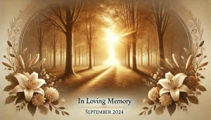 DALL·E 2025-05-03 12.10.21 - A peaceful and elegant widescreen tribute image for an obituary, with warm golden light filtering through early autumn trees, their leaves just beginn