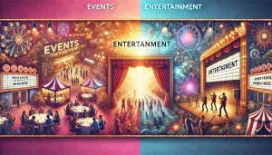 A vibrant widescreen header image depicting both Events and 'Entertainment