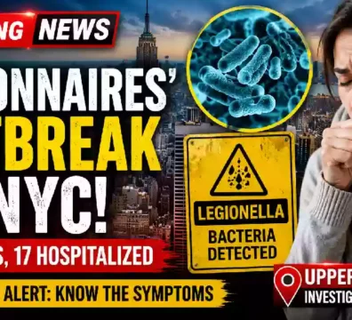 Breaking news YouTube thumbnail showing the New York City skyline, a woman coughing, Legionella bacteria illustration, and a health warning about the Legionnaires' disease outbreak with 23 confirmed cases and 17 hospitalizations on Manhattan's Upper East Side.