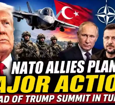 President Donald Trump featured alongside NATO leaders, Vladimir Putin, Volodymyr Zelensky, Recep Tayyip Erdoğan, an F-35 fighter jet, NATO logo, and Turkish flag in a breaking news thumbnail about NATO allies preparing major defense agreements ahead of the Trump NATO summit in Turkey.