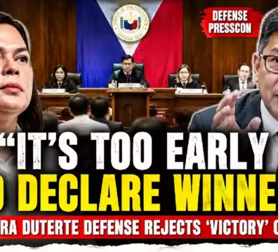 Vice President Sara Duterte and a defense lawyer are featured in a YouTube thumbnail about Day 2 of the Senate impeachment trial, highlighting the defense's rejection of claims that the prosecution scored an early victory.