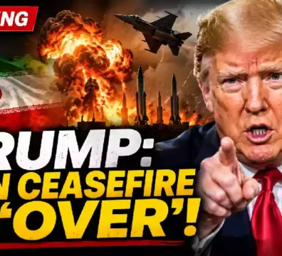Donald Trump points toward the camera as explosions, missiles, and the Iranian flag appear in the background of a breaking news YouTube thumbnail about Trump's statement that the Iran ceasefire is over