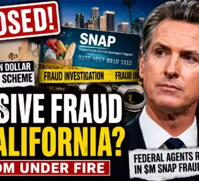 California Governor Gavin Newsom alongside bold text about a federal SNAP fraud investigation in Los Angeles. The graphic includes an EBT card, police lights, California flag, handcuffs, and crime scene tape, highlighting a multi-million-dollar welfare fraud probe.