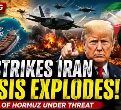 Breaking news YouTube thumbnail showing U.S. airstrikes on Iran, President Donald Trump, Iran's Supreme Leader, fighter jets, explosions, an oil tanker in the Strait of Hormuz, and text highlighting escalating Middle East tensions and threats to global oil supply.