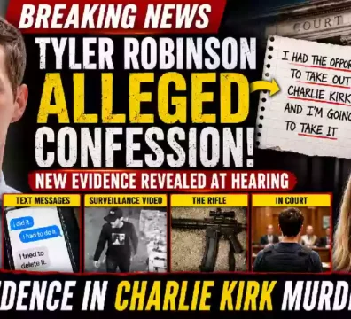 YouTube thumbnail showing Tyler Robinson during a preliminary hearing in the Charlie Kirk murder case, alongside Charlie Kirk, courtroom imagery, alleged evidence, and breaking news graphics.