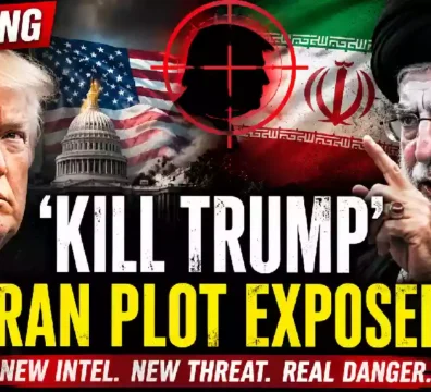 YouTube news thumbnail showing President Donald Trump beside Iran's Supreme Leader with U.S. and Iranian flags, a red target graphic, and bold text referencing a reported alleged Iranian plot against Trump amid rising U.S.-Iran tensions.