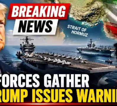 President Trump with U.S. aircraft carriers near Iran and the Strait of Hormuz during escalating Middle East tensions.