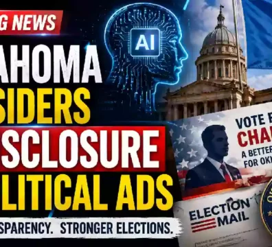 YouTube thumbnail showing the Oklahoma State Capitol, an AI digital head graphic, a political campaign mailer, and the Oklahoma Ethics Commission seal with bold text reading "Oklahoma Considers AI Disclosure in Political Ads."