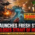 U.S. airstrikes on Iran and Strait of Hormuz closure illustrated in a breaking news YouTube thumbnail featuring President Donald Trump, Iran's Supreme Leader, missiles, fighter jets, and cargo ships amid escalating Middle East tensions.