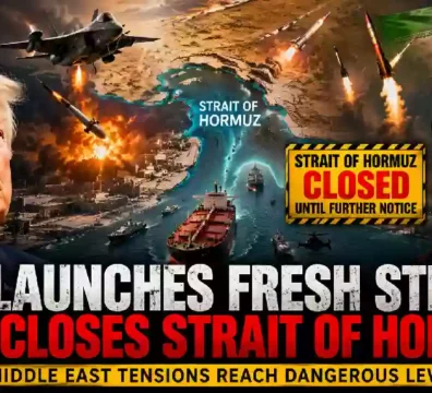 U.S. airstrikes on Iran and Strait of Hormuz closure illustrated in a breaking news YouTube thumbnail featuring President Donald Trump, Iran's Supreme Leader, missiles, fighter jets, and cargo ships amid escalating Middle East tensions.