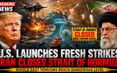 U.S. airstrikes on Iran and Strait of Hormuz closure illustrated in a breaking news YouTube thumbnail featuring President Donald Trump, Iran's Supreme Leader, missiles, fighter jets, and cargo ships amid escalating Middle East tensions.