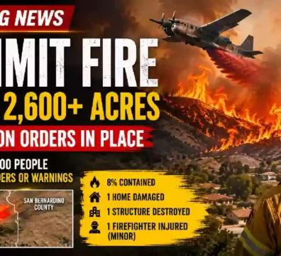 Breaking News YouTube thumbnail showing the Summit Fire burning more than 2,600 acres in Northern Los Angeles County as firefighting aircraft, helicopters, and firefighters battle the fast-moving California wildfire amid evacuation orders.