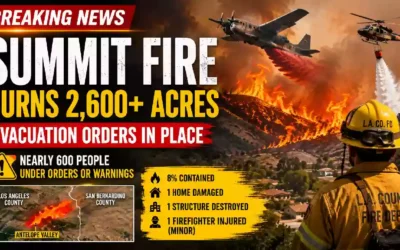 Breaking News YouTube thumbnail showing the Summit Fire burning more than 2,600 acres in Northern Los Angeles County as firefighting aircraft, helicopters, and firefighters battle the fast-moving California wildfire amid evacuation orders.