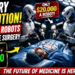Humanoid robots performing remote robotic surgery on a patient under the control of real surgeons, illustrating a breakthrough in affordable robotic-assisted healthcare technology.