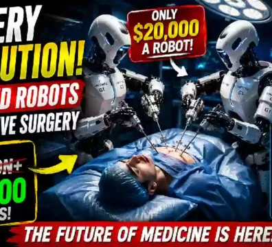 Humanoid robots performing remote robotic surgery on a patient under the control of real surgeons, illustrating a breakthrough in affordable robotic-assisted healthcare technology.
