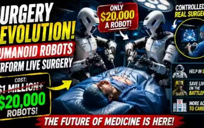 Humanoid robots performing remote robotic surgery on a patient under the control of real surgeons, illustrating a breakthrough in affordable robotic-assisted healthcare technology.
