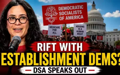 Democratic Socialists of America rally with Grace Mauser speaking as the Democratic Party faces growing tensions between progressive leaders and establishment Democrats over the party's future.