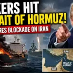 Commercial tanker engulfed in flames in the Strait of Hormuz as President Donald Trump appears beside the scene, illustrating the escalating U.S.-Iran conflict and proposed maritime blockade.