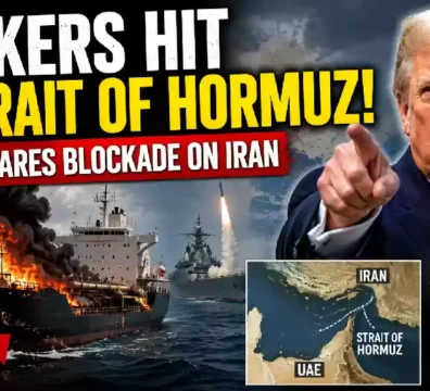 Commercial tanker engulfed in flames in the Strait of Hormuz as President Donald Trump appears beside the scene, illustrating the escalating U.S.-Iran conflict and proposed maritime blockade.