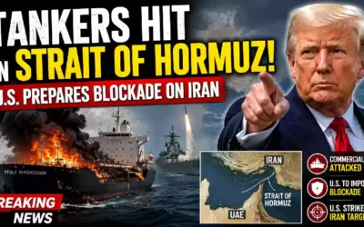 Commercial tanker engulfed in flames in the Strait of Hormuz as President Donald Trump appears beside the scene, illustrating the escalating U.S.-Iran conflict and proposed maritime blockade.