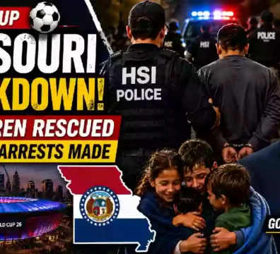 Missouri Governor Mike Kehoe stands alongside law enforcement officers during a World Cup security operation illustration highlighting the rescue of eight missing children and multiple arrests in Kansas City.