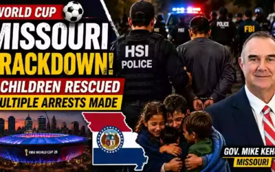 Missouri Governor Mike Kehoe stands alongside law enforcement officers during a World Cup security operation illustration highlighting the rescue of eight missing children and multiple arrests in Kansas City.
