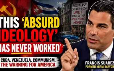 Former Miami Mayor Francis Suarez speaks during an interview warning that socialism and communism have repeatedly failed, with images of Cuba, Venezuela, communist symbols, and a protest scene highlighting the political debate.