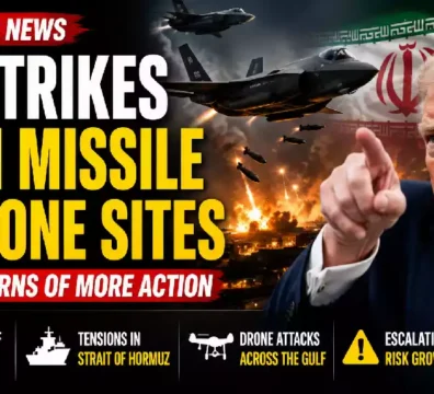 "President Donald Trump appears alongside U.S. fighter jets and explosions as the thumbnail highlights overnight U.S. military strikes targeting Iranian missile and drone sites amid escalating tensions in the Strait of Hormuz."