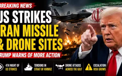 "President Donald Trump appears alongside U.S. fighter jets and explosions as the thumbnail highlights overnight U.S. military strikes targeting Iranian missile and drone sites amid escalating tensions in the Strait of Hormuz."