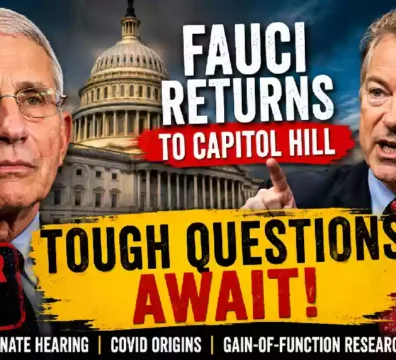 Anthony Fauci and Senator Rand Paul featured in a YouTube news thumbnail about Fauci's upcoming Senate hearing on COVID-19 origins, gain-of-function research, and Capitol Hill testimony.