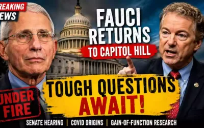 Anthony Fauci and Senator Rand Paul featured in a YouTube news thumbnail about Fauci's upcoming Senate hearing on COVID-19 origins, gain-of-function research, and Capitol Hill testimony.