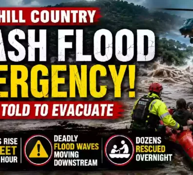 Emergency rescue crews evacuate residents by inflatable boat as catastrophic flash flooding overwhelms Kerrville in Texas Hill Country. A military helicopter flies overhead while floodwaters surge following historic rainfall during the Texas flash flood emergency.