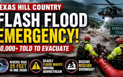 Emergency rescue crews evacuate residents by inflatable boat as catastrophic flash flooding overwhelms Kerrville in Texas Hill Country. A military helicopter flies overhead while floodwaters surge following historic rainfall during the Texas flash flood emergency.