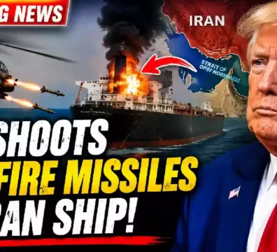 U.S. military helicopter launches Hellfire missiles toward a cargo ship near the Strait of Hormuz as President Donald Trump appears beside a map of Iran in a breaking news thumbnail about escalating U.S.-Iran tensions.