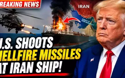 U.S. military helicopter launches Hellfire missiles toward a cargo ship near the Strait of Hormuz as President Donald Trump appears beside a map of Iran in a breaking news thumbnail about escalating U.S.-Iran tensions.