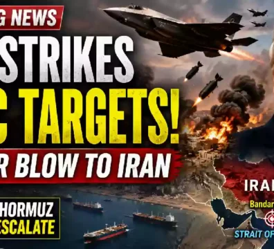 "YouTube thumbnail showing U.S. airstrikes targeting Iranian IRGC infrastructure near Bandar Abbas, with President Donald Trump, fighter jets, explosions, cargo ships in the Strait of Hormuz, and a map of Iran highlighting escalating Middle East tensions."