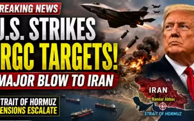 "YouTube thumbnail showing U.S. airstrikes targeting Iranian IRGC infrastructure near Bandar Abbas, with President Donald Trump, fighter jets, explosions, cargo ships in the Strait of Hormuz, and a map of Iran highlighting escalating Middle East tensions."