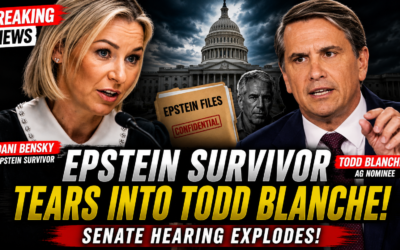 YouTube thumbnail showing Epstein survivor Dani Bensky speaking during a Senate hearing alongside Todd Blanche, with the U.S. Capitol, Epstein files, and breaking news graphics highlighting controversy over the DOJ's handling of victim records and Blanche's nomination.