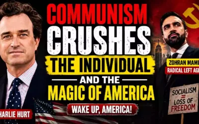 Charlie Hurt and Zohran Mamdani featured in a political YouTube thumbnail discussing communism, socialism, individual freedom, and America's political divide, with the Statue of Liberty and a communist symbol in the background.
