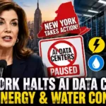 YouTube thumbnail showing New York Governor Kathy Hochul alongside a modern AI data center, highlighting New York's temporary pause on large AI data center approvals due to growing concerns over electricity demand, water consumption, and environmental impact.