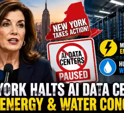 YouTube thumbnail showing New York Governor Kathy Hochul alongside a modern AI data center, highlighting New York's temporary pause on large AI data center approvals due to growing concerns over electricity demand, water consumption, and environmental impact.