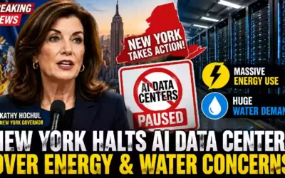 YouTube thumbnail showing New York Governor Kathy Hochul alongside a modern AI data center, highlighting New York's temporary pause on large AI data center approvals due to growing concerns over electricity demand, water consumption, and environmental impact.