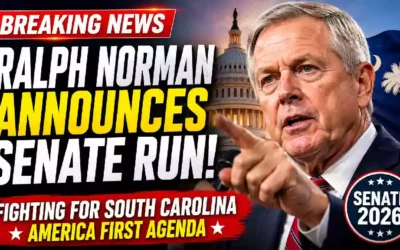 Ralph Norman announces his campaign for the U.S. Senate in South Carolina during a political campaign event, with the U.S. Capitol and South Carolina state flag featured in a breaking news-style graphic highlighting his Senate bid and support for the America First agenda.