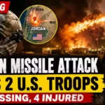 Dramatic illustration of an Iranian missile striking a U.S. military base in Jordan as explosions erupt, with American troops in the foreground and a map highlighting Jordan during escalating U.S.-Iran tensions.
