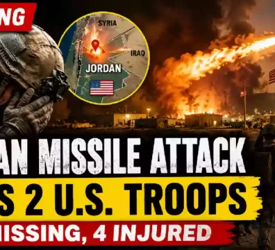 Dramatic illustration of an Iranian missile striking a U.S. military base in Jordan as explosions erupt, with American troops in the foreground and a map highlighting Jordan during escalating U.S.-Iran tensions.