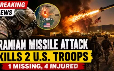 Dramatic illustration of an Iranian missile striking a U.S. military base in Jordan as explosions erupt, with American troops in the foreground and a map highlighting Jordan during escalating U.S.-Iran tensions.