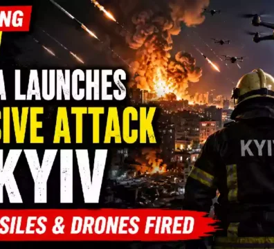 Breaking news YouTube thumbnail showing a massive Russian missile and drone attack on Kyiv, Ukraine, with explosions over the city skyline, attack drones overhead, a firefighter overlooking the destruction, and text highlighting Russia's large-scale assault involving 191 missiles and drones.