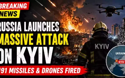 Breaking news YouTube thumbnail showing a massive Russian missile and drone attack on Kyiv, Ukraine, with explosions over the city skyline, attack drones overhead, a firefighter overlooking the destruction, and text highlighting Russia's large-scale assault involving 191 missiles and drones.